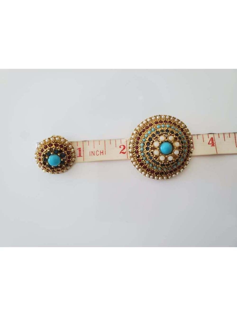 Vintage Art Designer Multicolor and Faux Pearl Dome Brooch & Clip On Earring Set - Picture 8 of 8